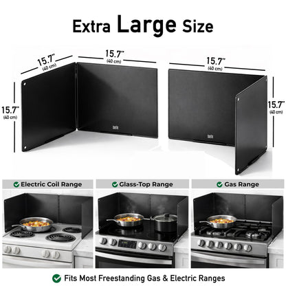 Extra-Large 2-Piece Splatter Guard (15.7” x 15.7”), Heavy-Duty, Commercial-Quality Stainless Steel Oil Splash Shield with Foldable 2-Panel Design & Silicone Spoon Rest by Baetle