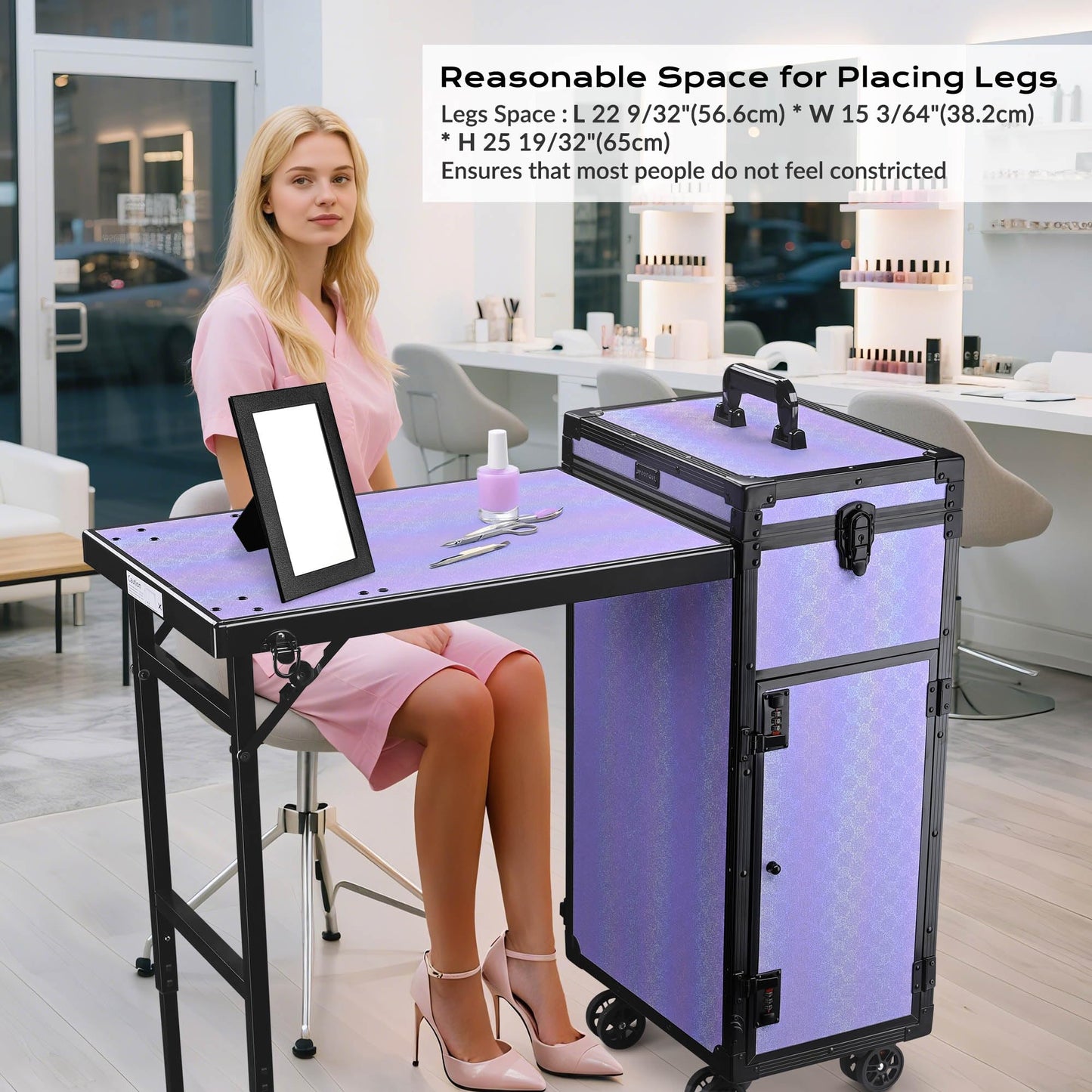 BYOOTIQUE Portable Nail Table with Storage Rolling Makeup Case with Drawers Traveling Manicure Table for Manicurist Nail Teach Makeup Artist Hairstylist Barbershop Beauty Salon, ForgetMeNot Purple