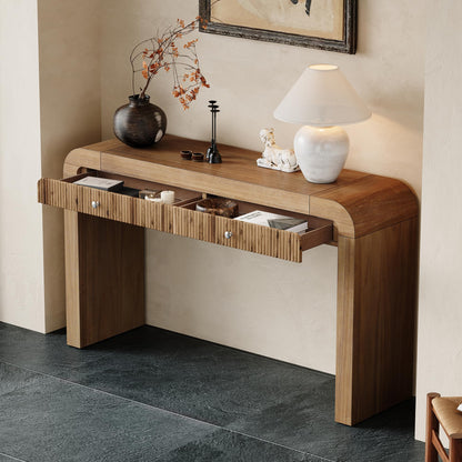 Merax Rustic Console Table with Fluted Drawer Front, Entryway Table with Curved Corners & Thick Legs, Sturdy Sofa Table for Hallway & Living Room, Natural