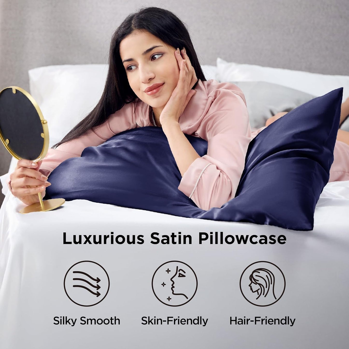 Bedsure Satin Pillowcases - Luxurious Silk-Like Queen Size Set of 2 | Navy 20x30 Inches, Envelope Closure
