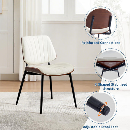 GarveeHome Dining Chairs Set of 6, Mid-Century Modern PU Leather Upholstered Accent Chairs with Shell Strips, Dining Room and Kitchen Chairs with Walnut Wood and Metal Legs, White
