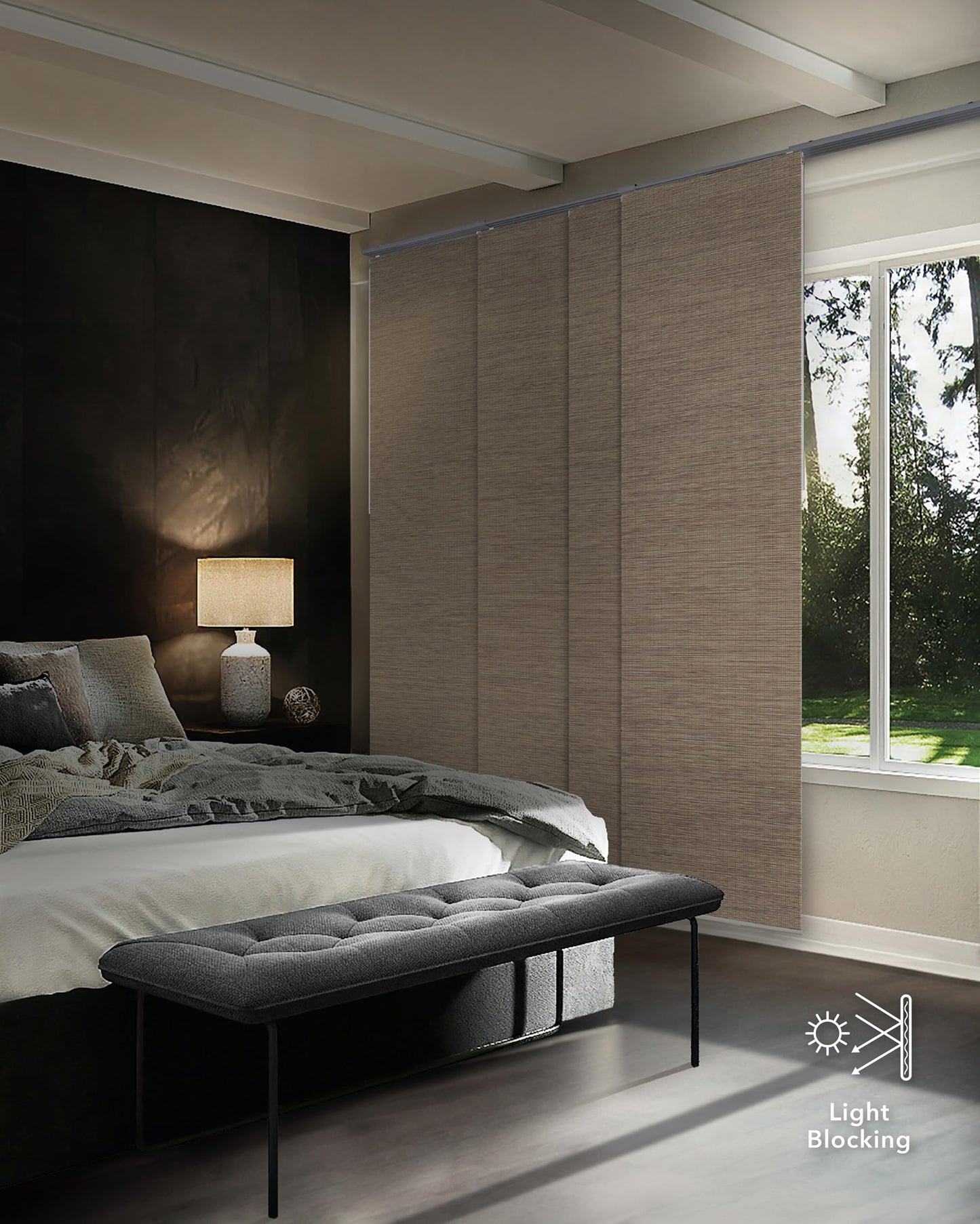 GoDear Design 99.99% Blackout Adjustable Sliding Panel Track Blinds for Sliding Glass Doors 45.8"- 86" W x 96" H, Extendable Vertical Blinds, Trimmable Natural Woven Panel, Bali Cottages