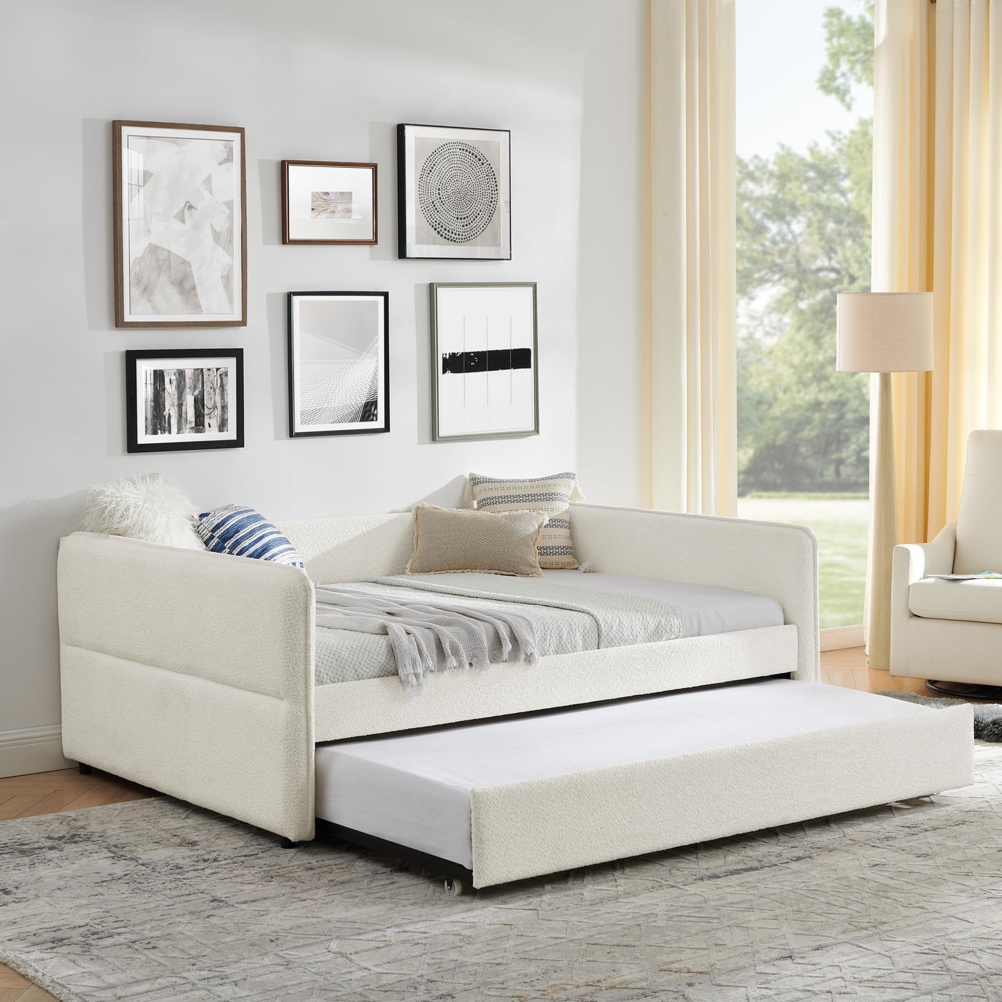 KEIKI Full Size Upholstery Tufted Daybed with Erectable Trundle, Full to King Design Modern Extendable Boucle Sofa Bed, Easy Assembly, No Box Spring Required, for Living Room and Bedroom, Beige