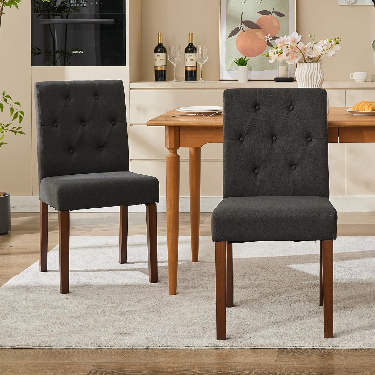IDEALHOUSE Dining Chairs Set of 6, Linen Fabric Upholstered Parsons Chairs with Rubberwood Legs, Comfortable Padded Seat Kitchen, Dining Room Side Chairs, Living Room Black