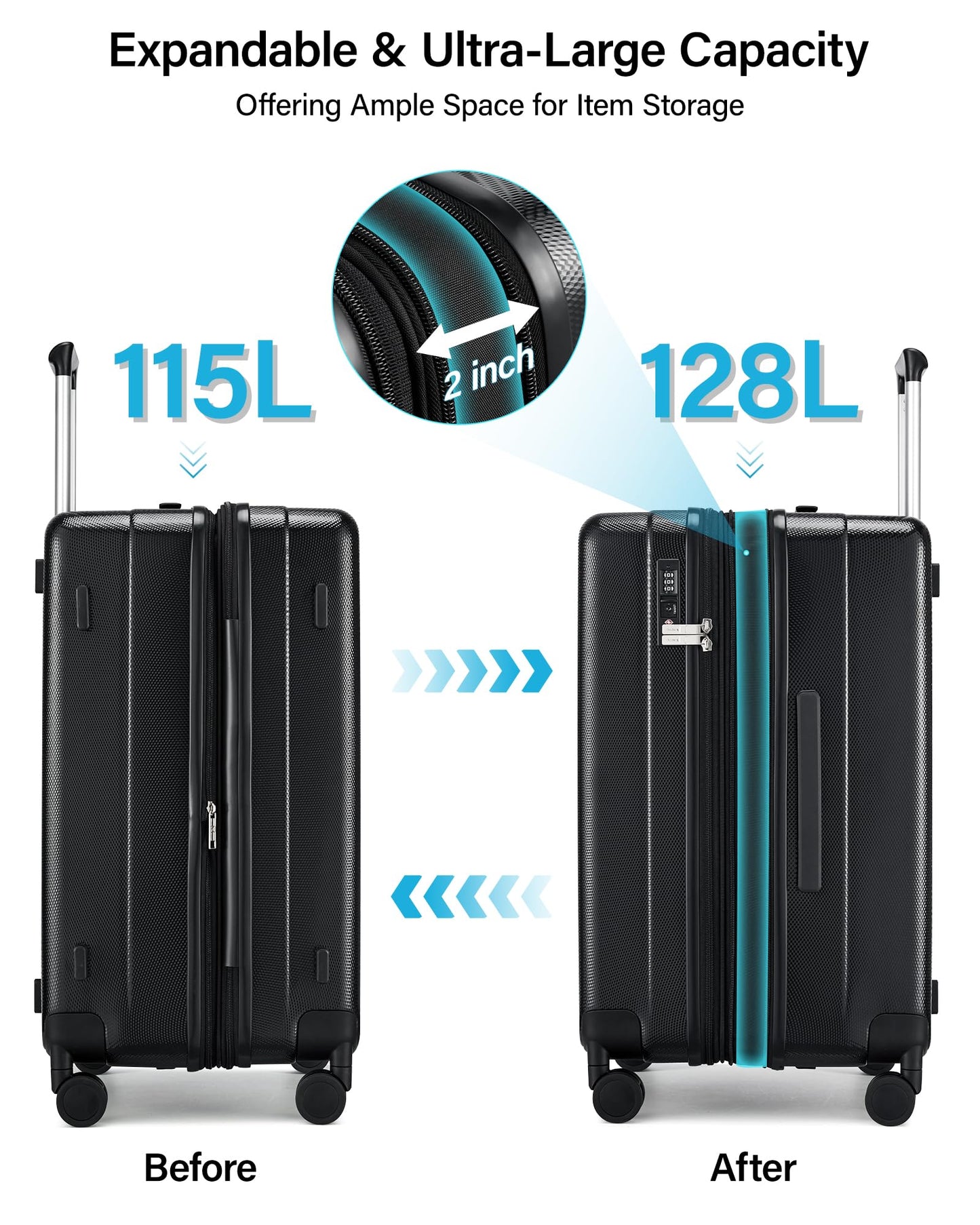 Hanke 29 Inch Plus Expandable Luggage Large Suitcases with Wheels,Checked Luggage Hard Shell Suitcases, PC Trunk Luggage Extra Large Suitcase with Lock for Women Men(Jet Black)