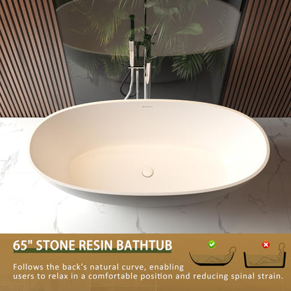 GDFStudio 65" Freestanding Solid Surface Bathtub, Handcrafted Stone Resin Soaking Tub with Overflow and Pop-up Drain, Matte White Luxury Bathtub, Ergonomic Design, 57.6-Gallon Capacity