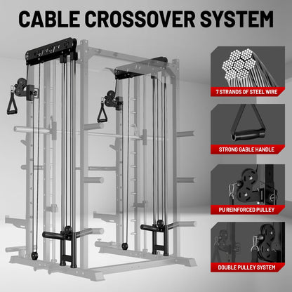 JELENS Smith Machine for Home Gym, Multi-Function M12 Power Cage, Squat Rack with Smith Bar and More Attachment (Black, 230LB Black Weights Package)