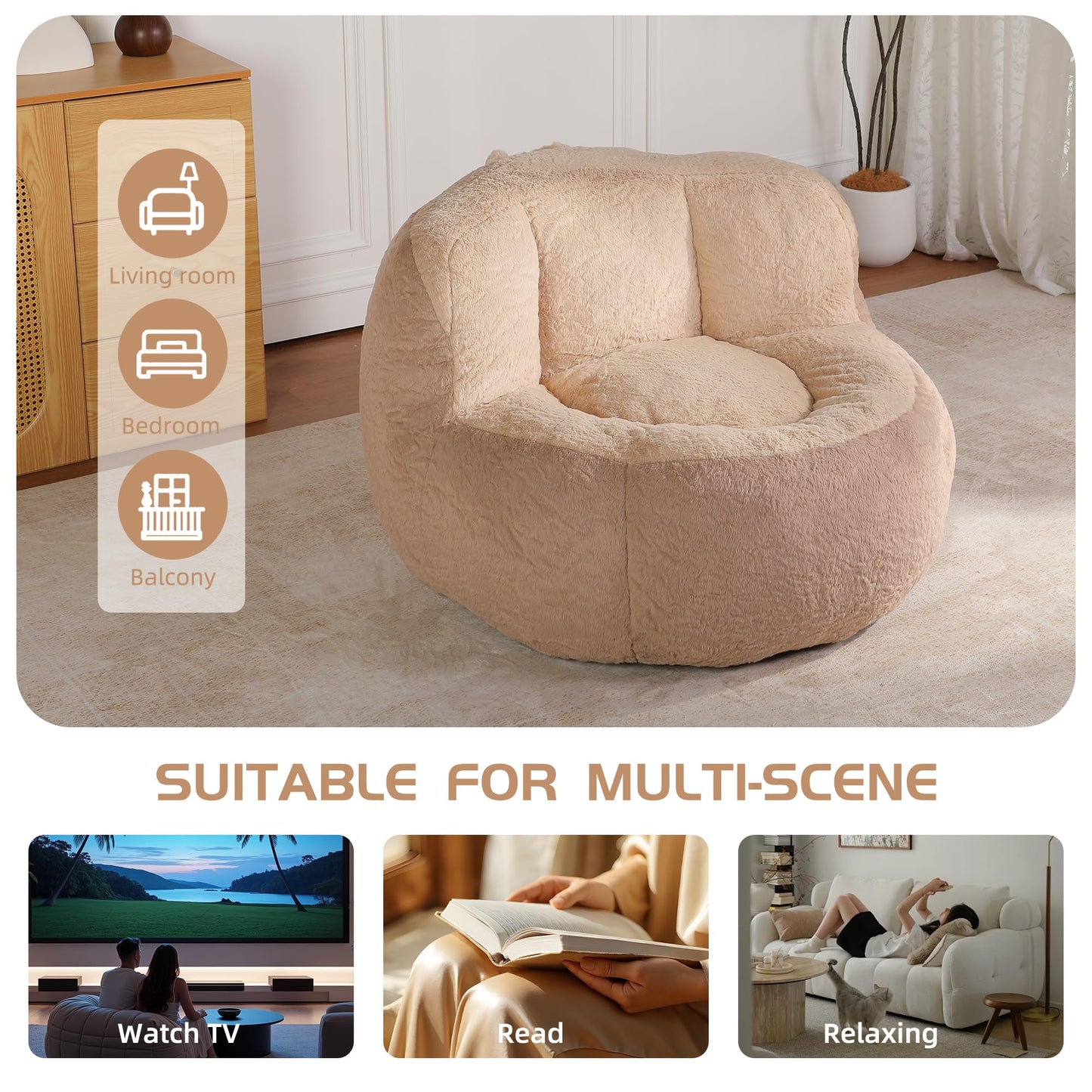 Amacv Oversized Bean Bag Chairs,Multicolor Faux Fur Couch Filled with Shredded Sponge,Large Lounger Sofa for Living Room,No Assembly Required,Brown+Camel