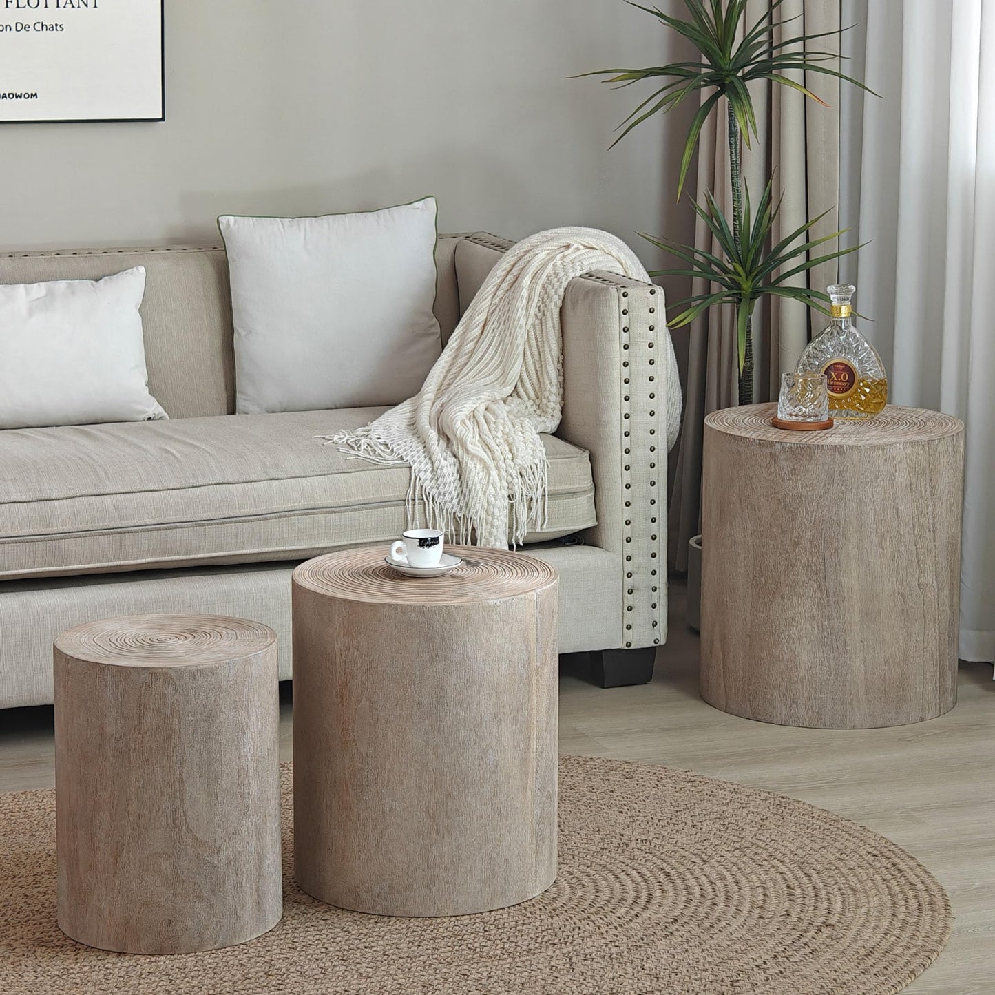 KEIKI Round Coffee Table Set of 3, Modern Wood Nesting Coffee Table with Tree Rings Texture for Living Room, Natural