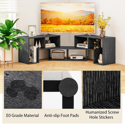 Tangkula 3 Pieces Console TV Stand, Free-Combination Entertainment Center for 50 55 60 65 Inch TV, Minimalist Modern TV Table Media Stand, DIY Open Storage Bookcase for Living Room (Black Wood Grain)