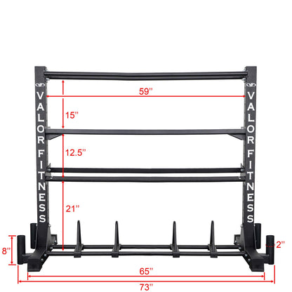 Valor Fitness Heavy Duty 4-Tier Gym Equipment Storage Rack – Organize Kettlebells, Dumbbells, Medicine Balls, Bumper Plates & 4 Barbells, 1200 lb Capacity for Home Gym Sports Equipment Organizer
