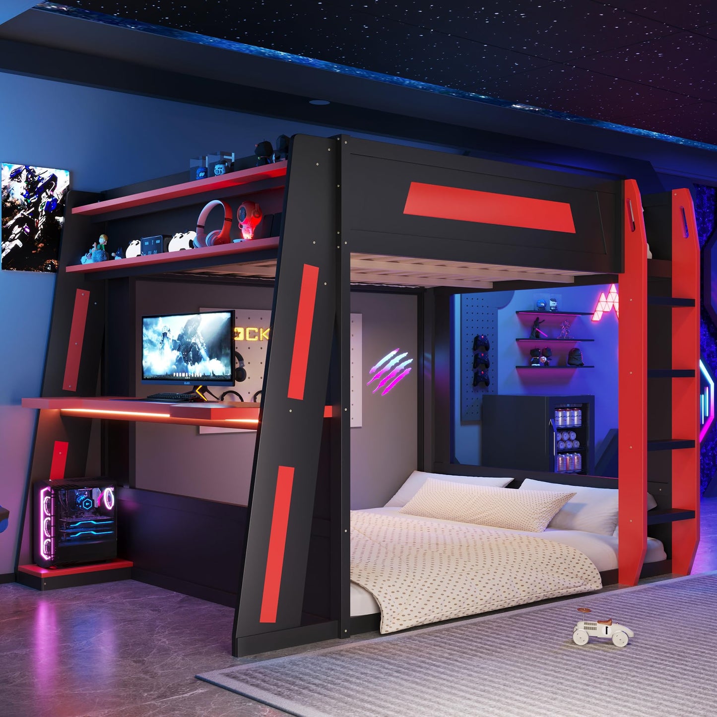 Merax Queen Over Queen Wooden Gaming Bunk Bed with Built-in Desk, LED Lights, USB Port, and 2 Storage Shelves, Solid Wood Gaming Loft Bed for for Bedroom, Black+Red