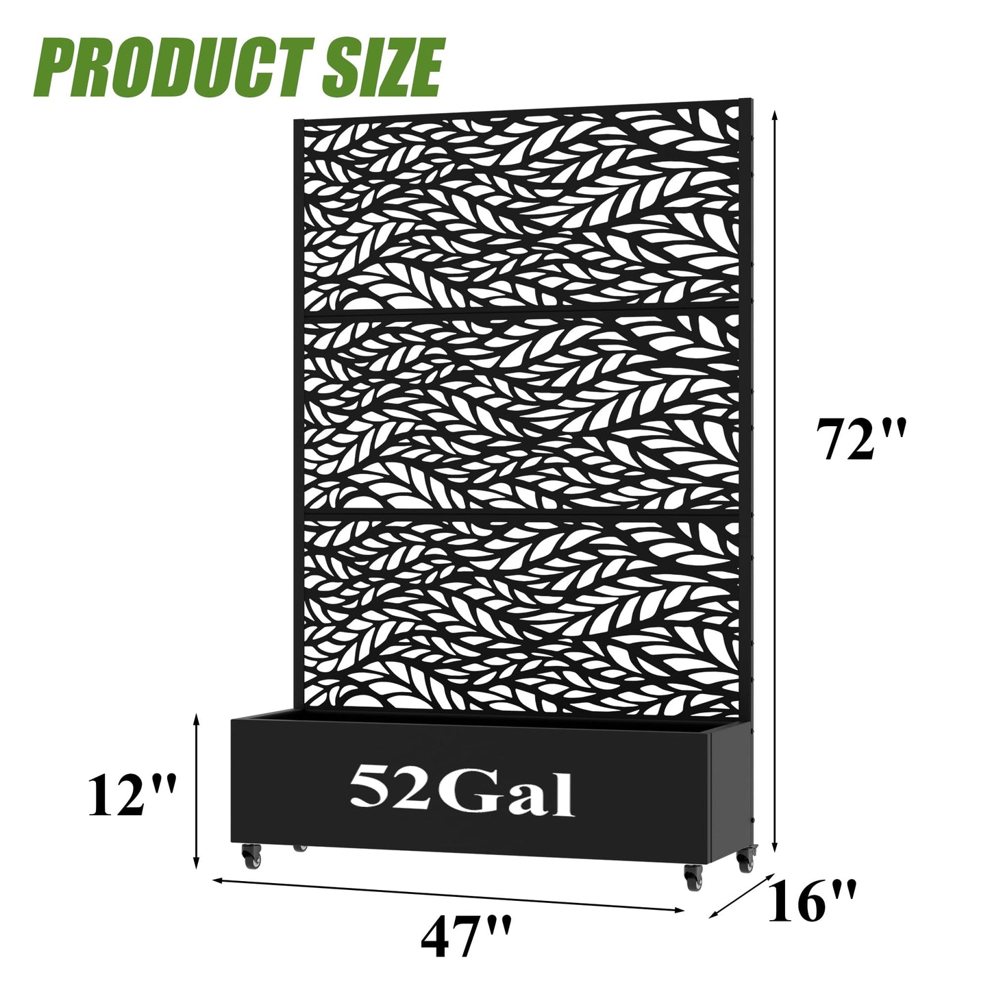 Wooakway 72" H Raised Garden Bed with Trellis and Wheels, Metal Privacy Screen Outdoor Planter Box with Decorative Leaf Pattern, 52 Gal Large Mobile Vertical Planter for Patio, Balcony & Backyard