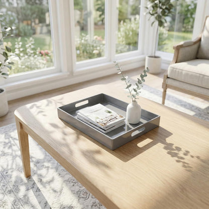 15.7 11.8 x1.6 Grey Decorative Tray, Rectangular Large Serving Tray with Handles, Plastic Coffee Table Tray