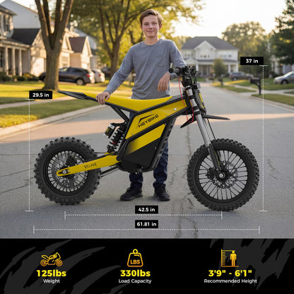Heybike Villain Electric Dirt Bike, 4160W E Dirt Bike with 52V 26AH Battery, 14"/12" Fat Tire Electric Motorcycle for Teens, Max 45MPH Ebike with Reversing Function(with Crossbody Bag; Yellow&Black)