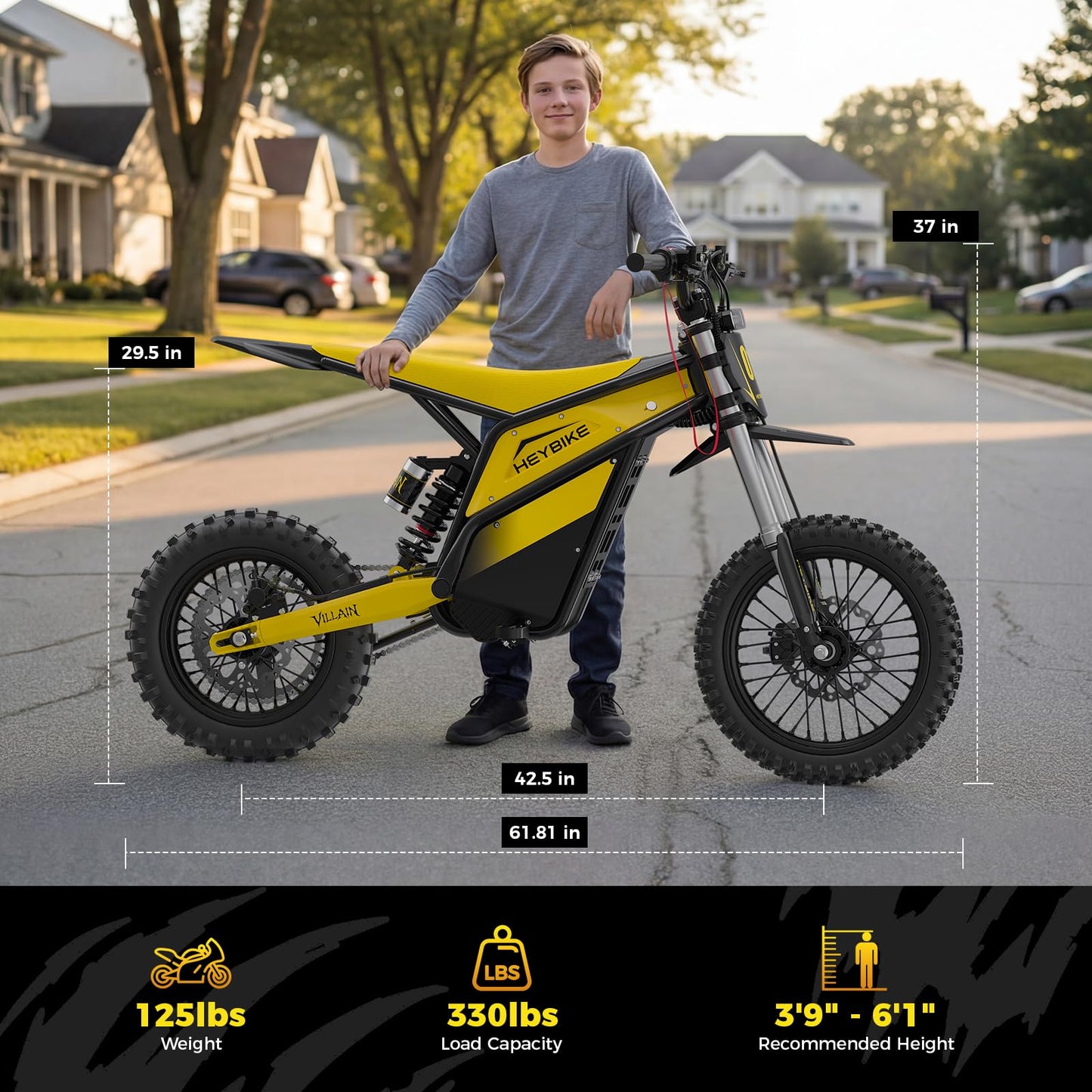 Heybike Villain Electric Dirt Bike with 4160W Motor, 52V 26AH E Dirt Bike, 14/12" Fat Tire Dirtbike with Hydraulic Brakes, Up to 45 MPH & 50 Miles Moped Style Ebike（Standard; Sunflower Yellow）