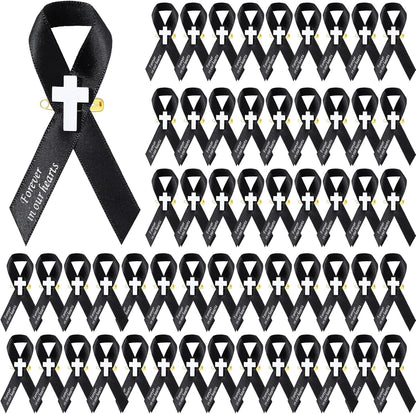 Regine Switzerland 50 Pcs Memorial Funeral Ribbons - Cross Pins for Mourning Events | Black
