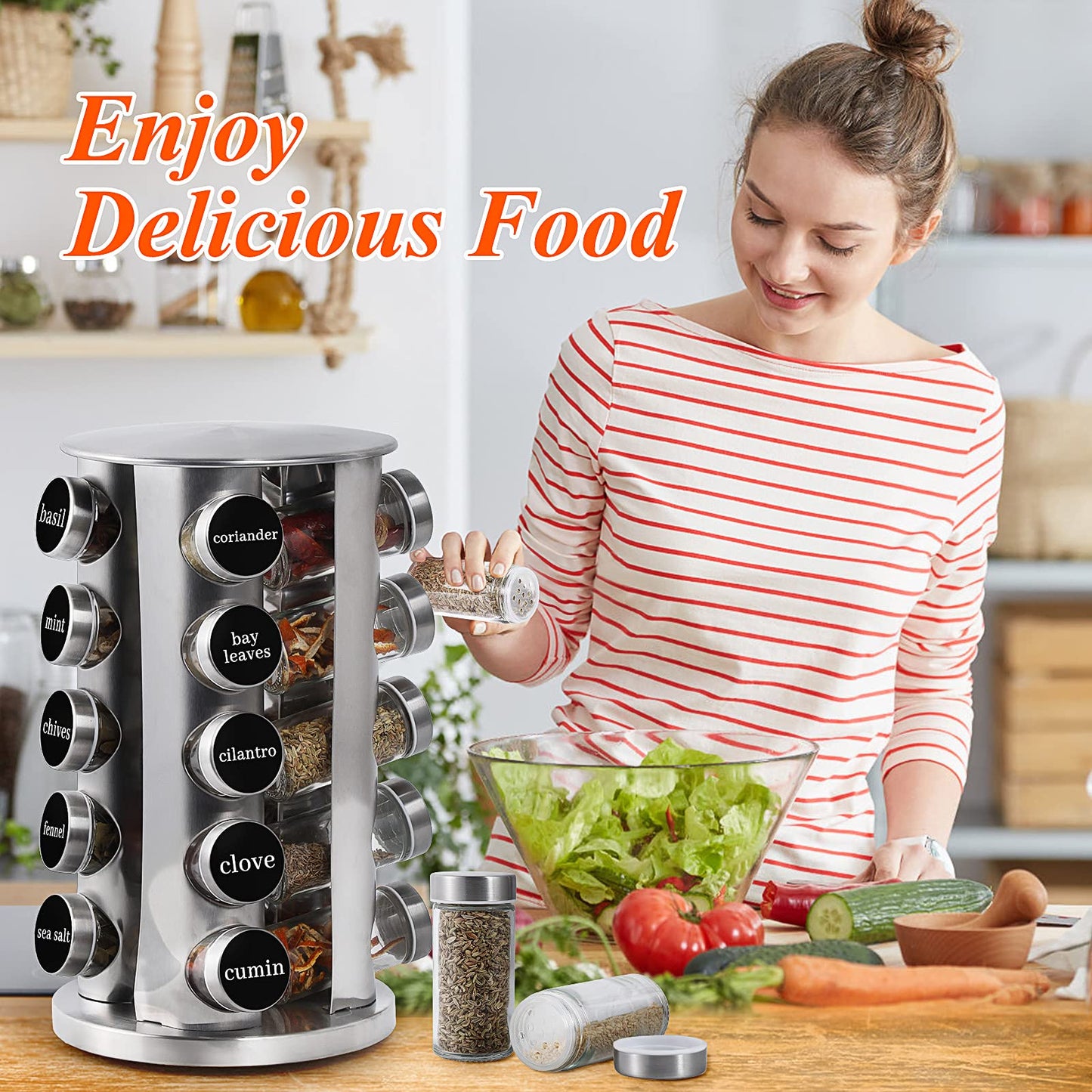 DOUBLE 2 C Revolving Spice Rack with 20 Jars, Rotating Spice Rack Organizer, Seasoning Organizer with Labels, Stainless Steel Spice Carousel for Kitchen Countertop, Cabinet