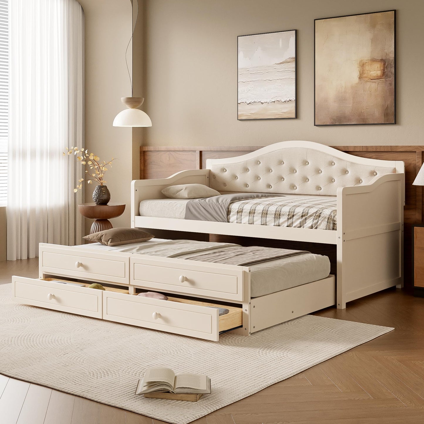 Ball & Cast Twin Size Daybed with Trundle,Wooden Bed w/ 2 Storage Drawers,Sofa Beds w/Upholstered Button Tufted Backrest,Slat Support,for Living Room, Bedroom, Guest Room,Beige