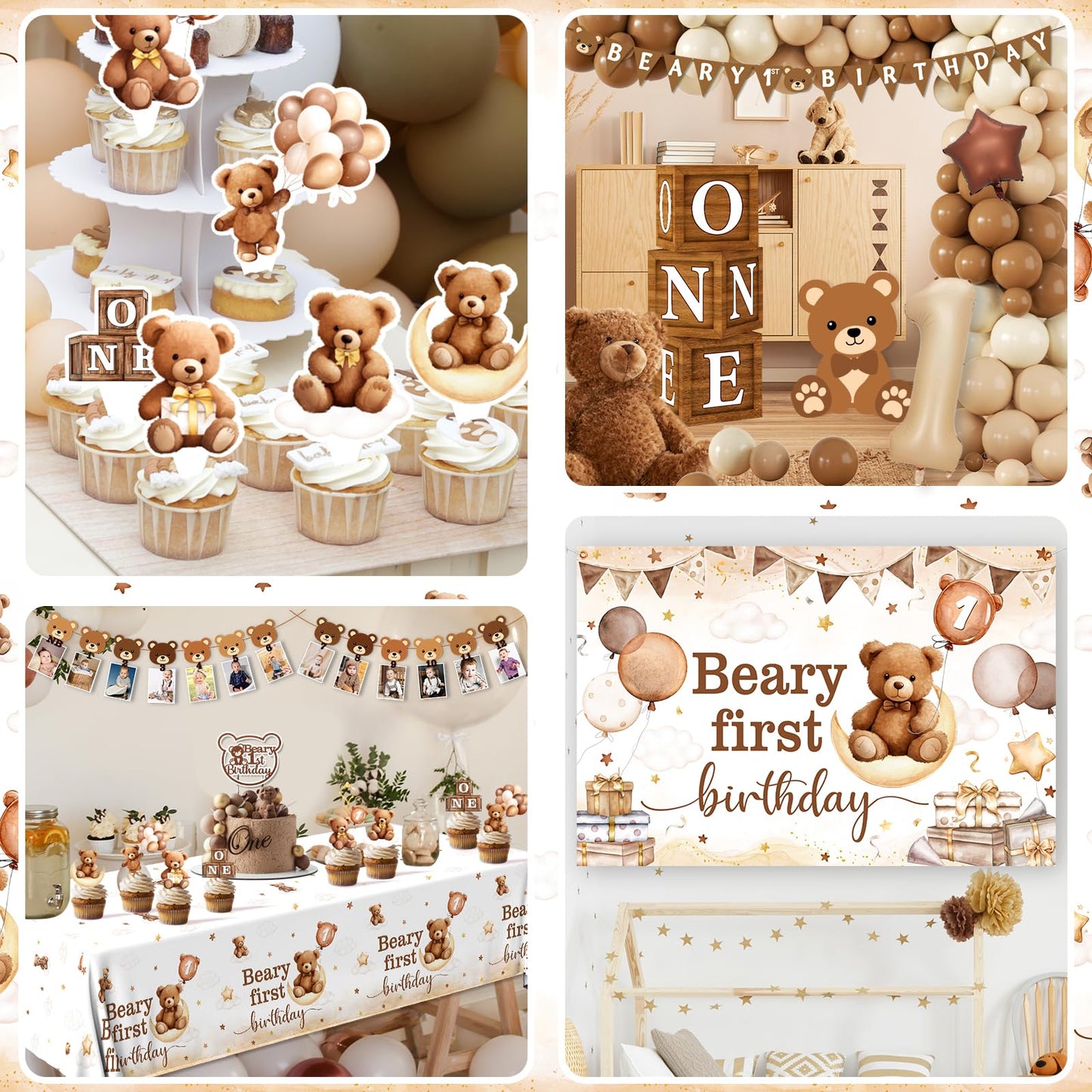 Beary First Birthday Decorations,147pcs Bear Birthday Decorations Brown Bear Birth Day Banner Backdrop High Chair Banner Tablecloth Cake Topper Box Balloon Garland for My 1st birthday Decorations