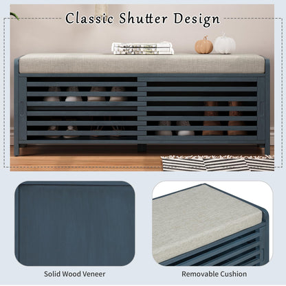 Ball & Cast Entryway Storage Bench with Shutter Doors, 43.3" Wooden Shoes Organizer, Modern Movable Upholstered Seat Entryway Shoe Rack Cabinet for Hallway Living Room, Navy Blue