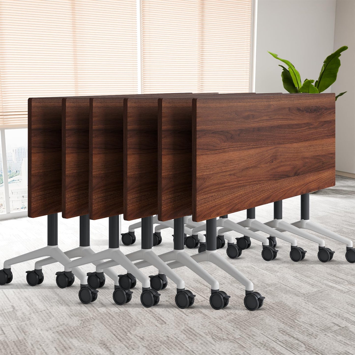 robwibw 63INCH Folding Conference Table On Wheels, 6 Pack Modular Walnut Rolling Conference Room Tables for 8-16 Person Training Table for Office Classroom(6, Walnut, 63 INCH)