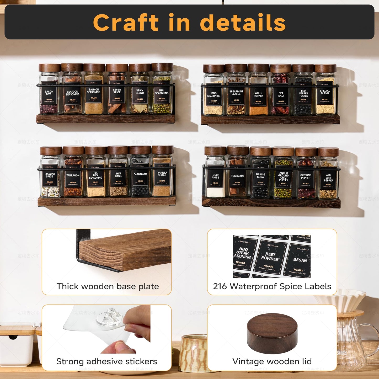 KitHero 4-Tier Wall Mount Spice Rack Organizer with 24 Glass Jars, 216 Labels & Funnel - Screw/Adhesive Mount, Black Metal & Wood Spice Storage for Kitchen Pantry Cabinet, 11.6”L x 2.4”W x 3.2”H