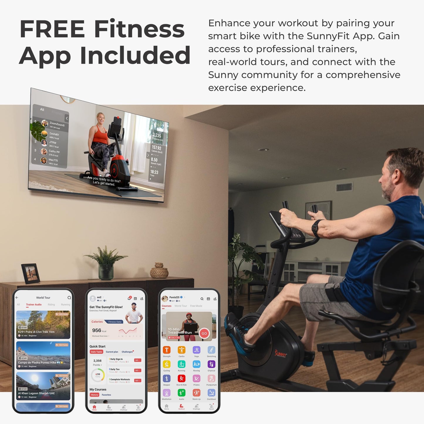 Sunny Health & Fitness Smart Recumbent Bike Exercise Machine, 350LB Weight Capacity, Non-Crank Design, Adjustable Cushion Seat for Adult/Seniors Workout at Home, Exclusive SunnyFit App Bluetooth Link