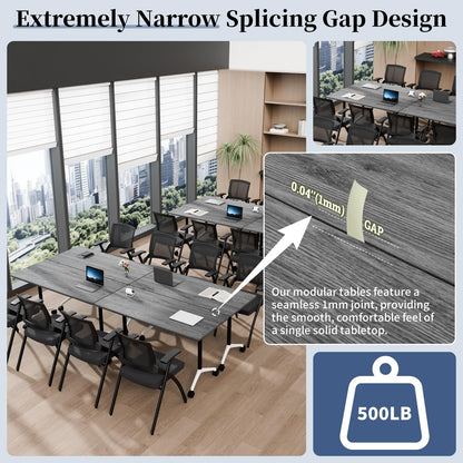 Modular Folding Conference Table with Wheels,8 Pack Mobile Conference Room Tables,Filp Top Rolling Meeting Training Tables for Office,Classroom,Library,Seminar,Boardroom,school(8pack,Grey,71in)