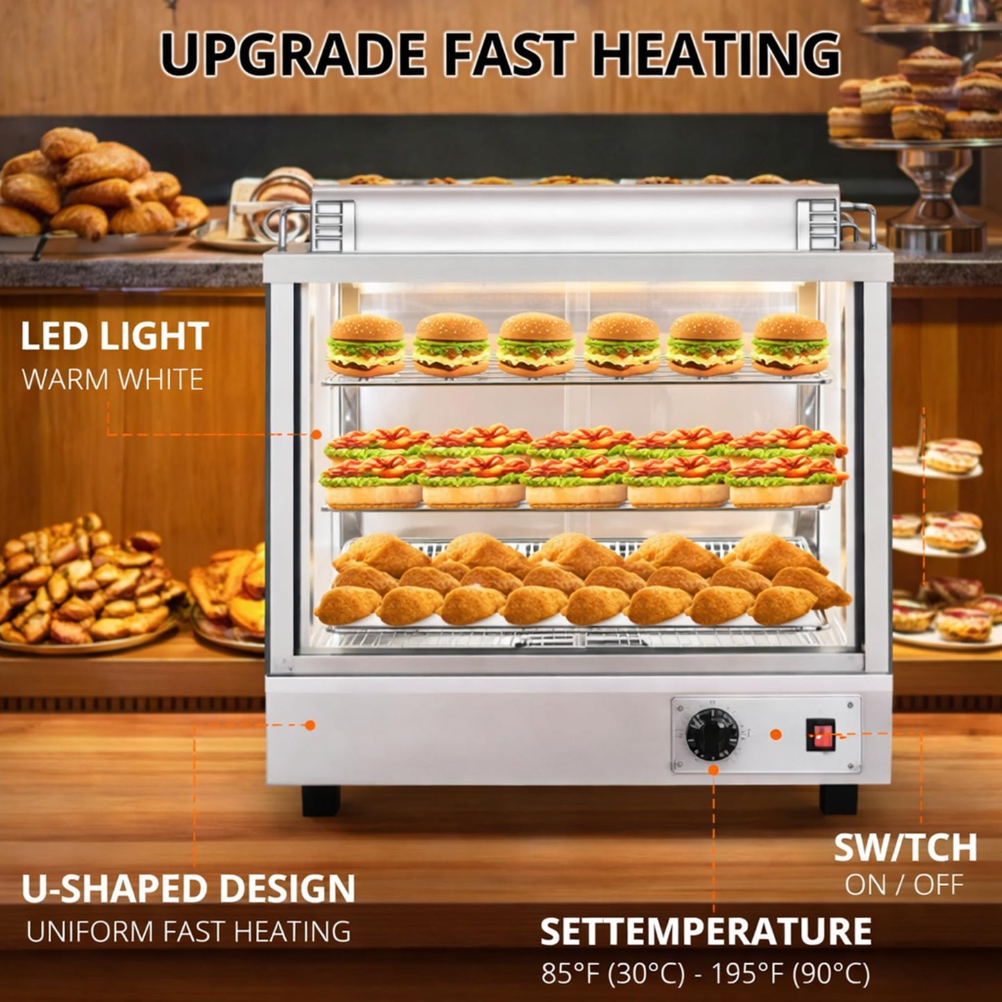 GarveeHome 3.4 Cu. ft. Capacity, Countertop Display Warmer with LED Lighting, Stainless Steel, Adjustable Temperature Control – Perfect for Food Display, Café, Bakery, and Concession Stands