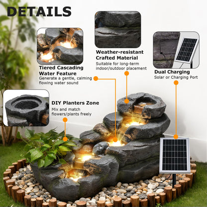 Pivotify 5-Tier Solar Water Fountain Outdoor, 38.2" L Rock Waterfall Fountains Solar Powered Floor Standing Outdoor Water Feature with LED Lights for Patio, Garden,Porch, Yard, Home Art Decor（Grey）