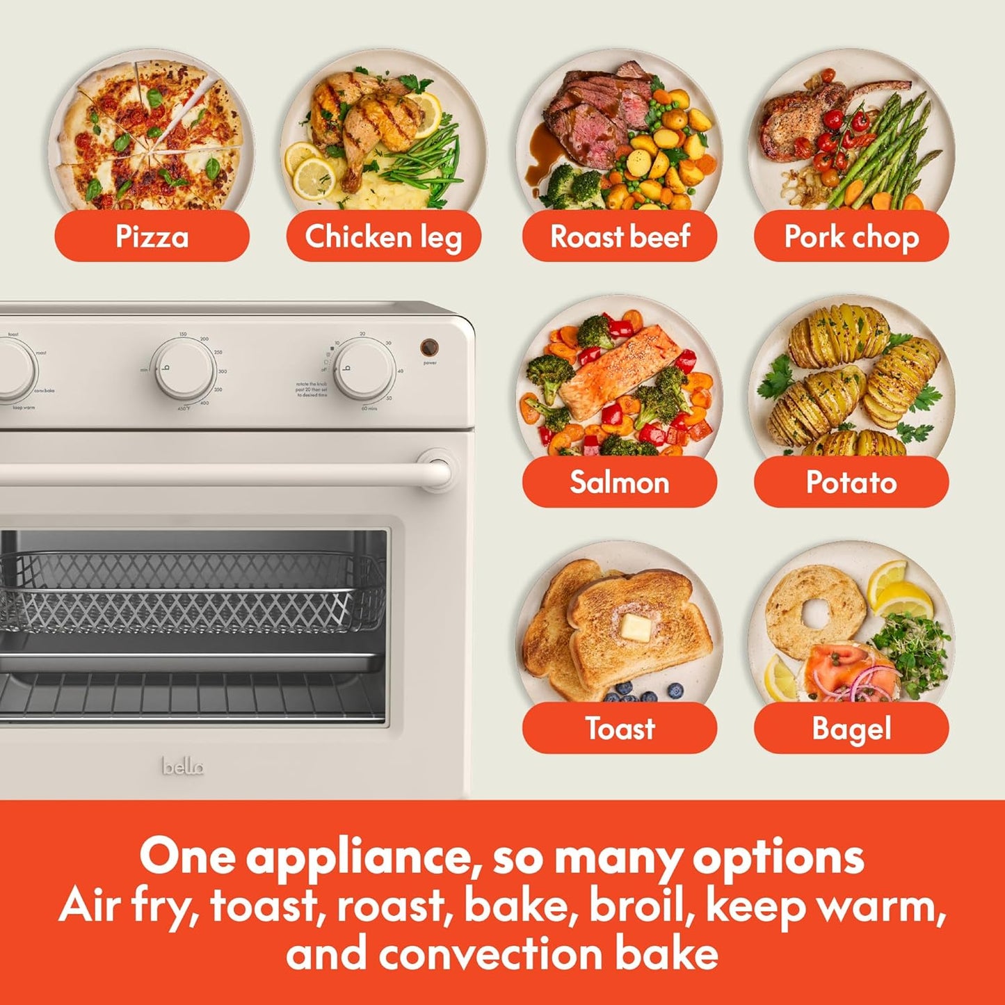 Bella Air Fry Toaster Oven - 7 Cooking Options, Dishwasher-Safe Trays, 1700W, Oatmilk Finish