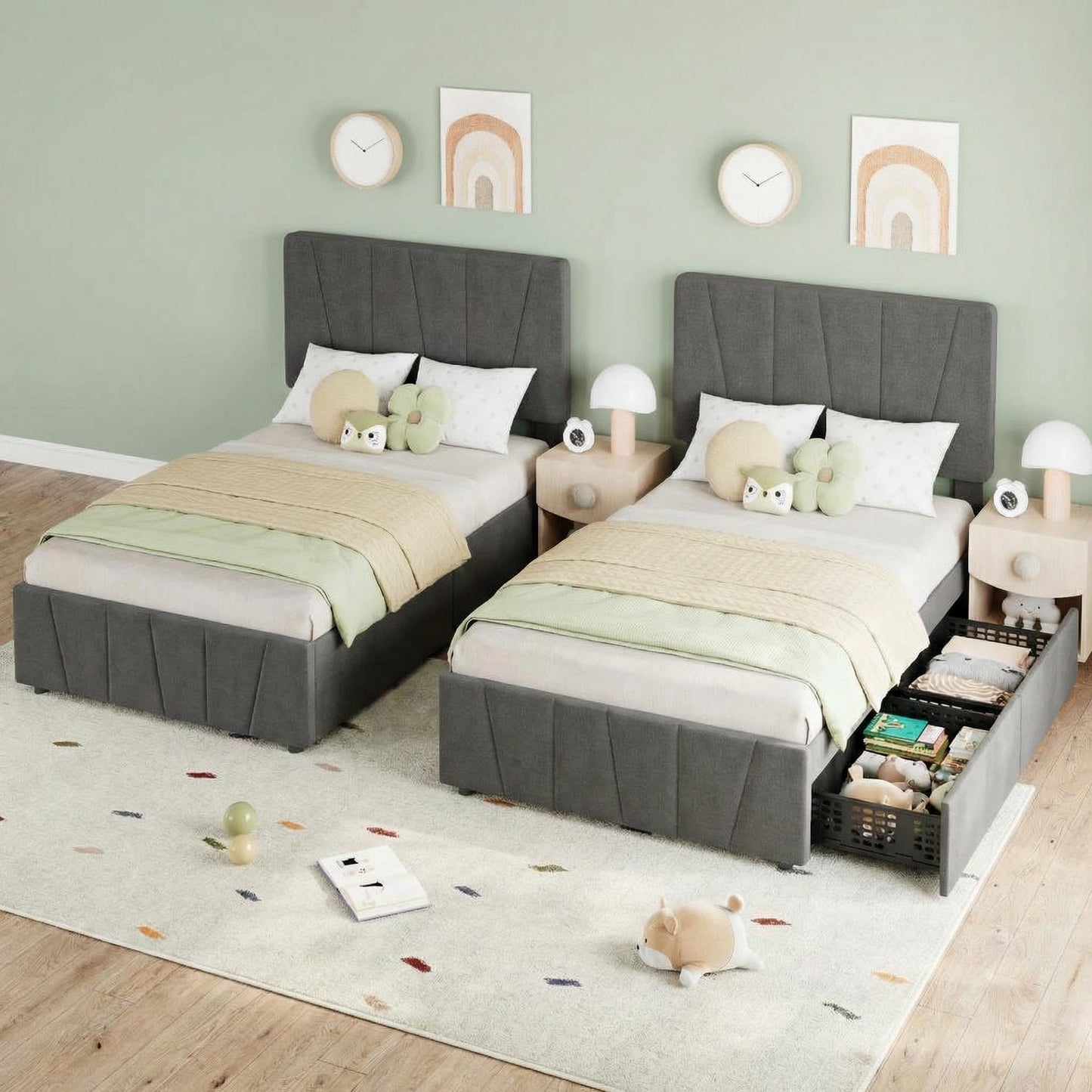 Twin Size Bed Frame with Upholstered Headboard & 2 Storage Drawers with Wheels, Platform Bed Frame with Wooden Slat Support, Adjustable Headboard, No Box Spring Needed, Noise-Free, for Bedroom