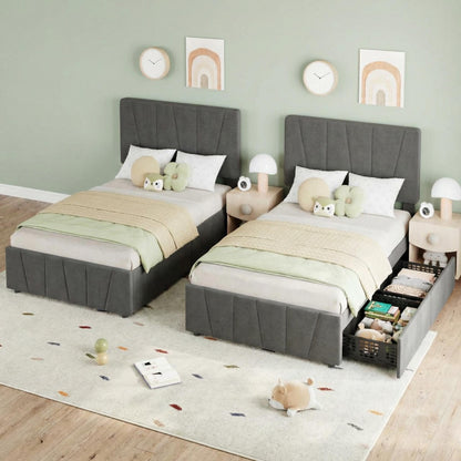 Twin Size Bed Frame with Upholstered Headboard & 2 Storage Drawers with Wheels, Platform Bed Frame with Wooden Slat Support, Adjustable Headboard, No Box Spring Needed, Noise-Free, for Bedroom