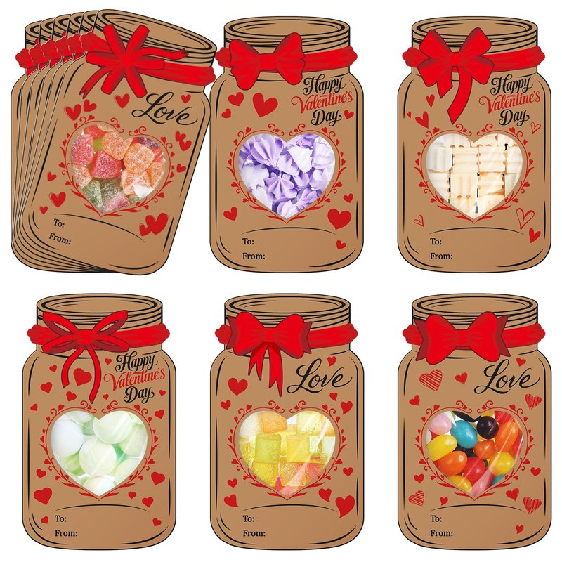 Honeydak 48 Set Valentine's Day Mason Jar Bows Cards Kit with Clear Treat Bags & Adhesive Strips, Happy Valentines Cards, DIY Goodie Bags, Valentines Exchange Card, Party Favors Supplies