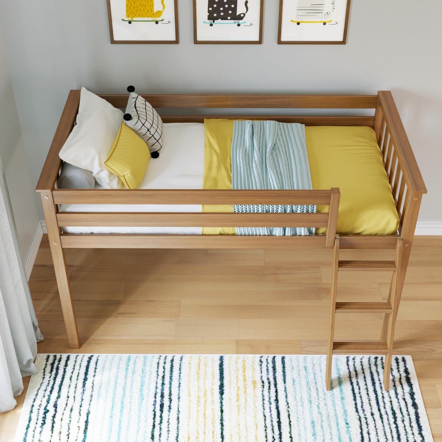Max & Lily Classic Twin Low Loft Bed with Angled Ladder and 14-Inch Safety Guardrails, Solid Pine Wood Kids Bedroom Furniture, Space-Saving Loft Design, Clay