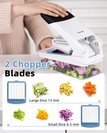 MR.SIGA Vegetable Chopper with Container, 2 in 1 Manual Hand Food Chopper with 2 Stainless Steel Chopping Blades for Potato Strips, Onion Cubers, Carrot Sticks, White & Black