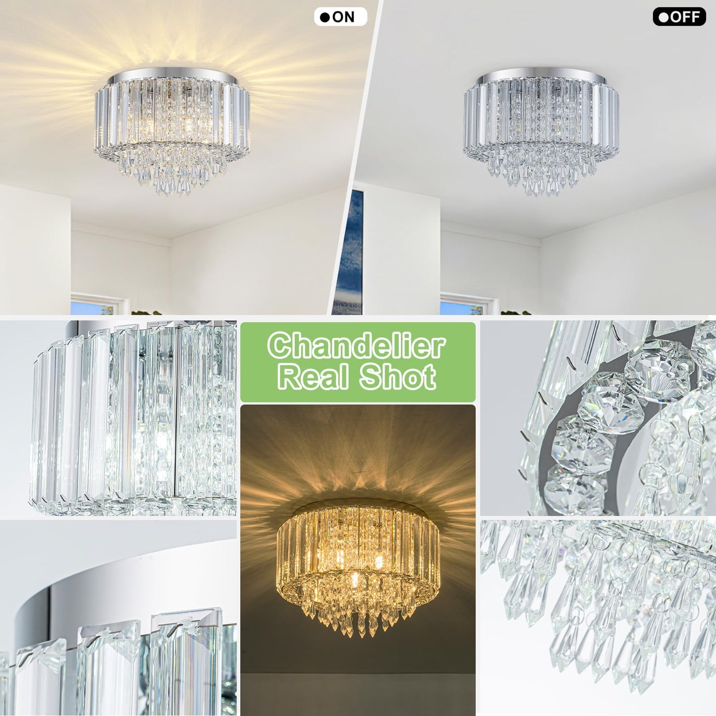 HOPGGIE 11.8 Inch Crystal Chandelier Modern Chandelier Light Mini Chandelier Semi Flush Mount Ceiling Light Fixture Small Chandelier for Bedroom Hallway Kitchen Foyer Closet (Chrome)
