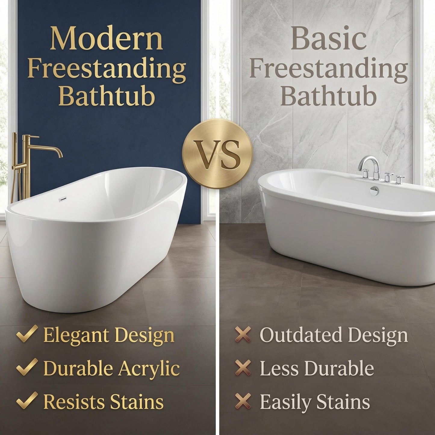 Freestanding Bathtub, Acrylic, Deep Soaking, Modern Upright Bathtub with Matte Drain and Black Overflow, Durable Double Wall, Freestanding for Bathroom, 67'', White
