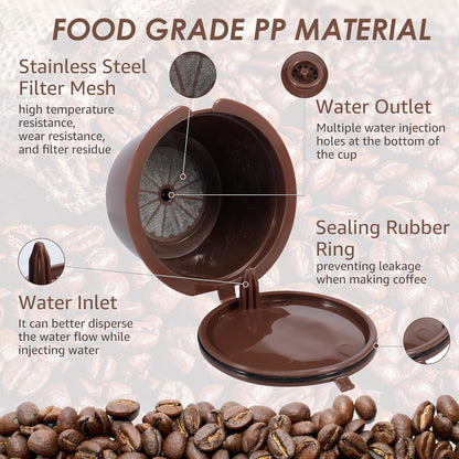 6 Pcs Refillable Coffee Pods Kit, 5.4x3.5 cm Food Grade PP Coffee Capsule with 2 Spoon and 2 Brush