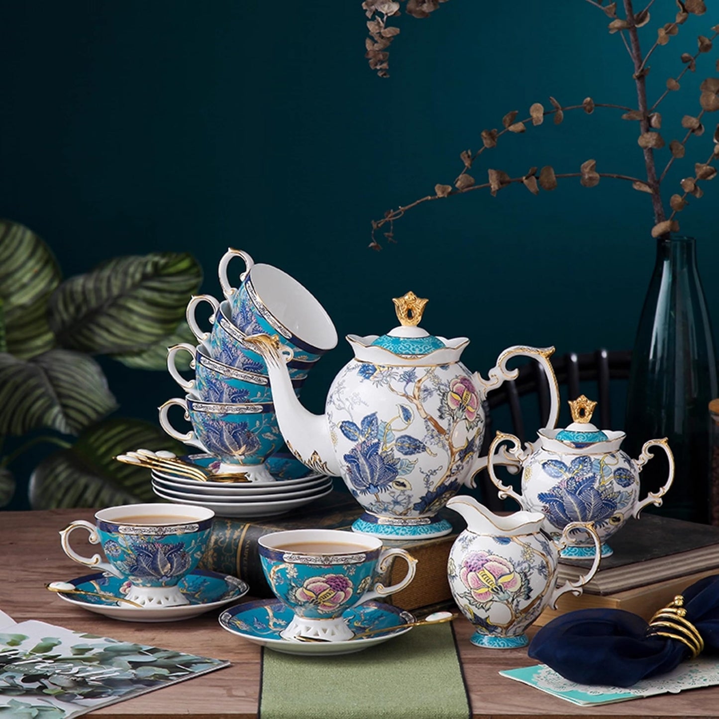 Floral Bone China Tea Set, Exquisite Porcelain Tea Cup and Saucer Set with Teapot, Creamer, Sugar Bowl for 6, Luxury Gold-Accented Afternoon Tea Sets for Adults