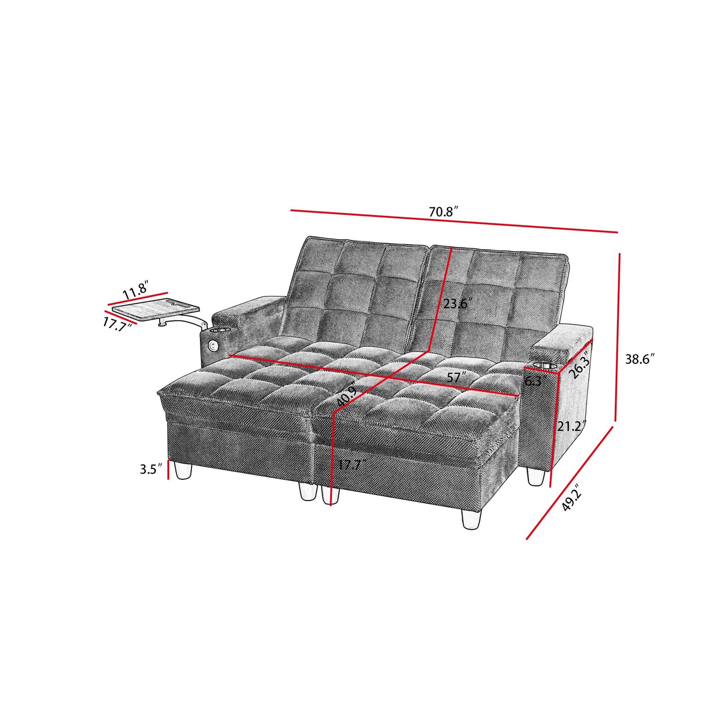 Eafurn Double Chaise Lounge Recliner with Storage, 71" Modern Sleeper Loveseat Sofa Couch with 6-Position Adjustable Split Backrest, Cup Holders and Swivel Tray Table for Living Room