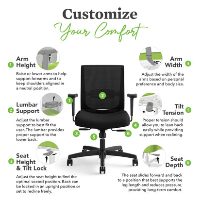 HON Convergence Ergonomic Office Chair with Mesh Back, Vinyl Seat Cushion, Adjustable Arms, Lumbar Support, Synchro‑Tilt Swivel Desk Chair with Wheels for Home Office, Black Frame, Black
