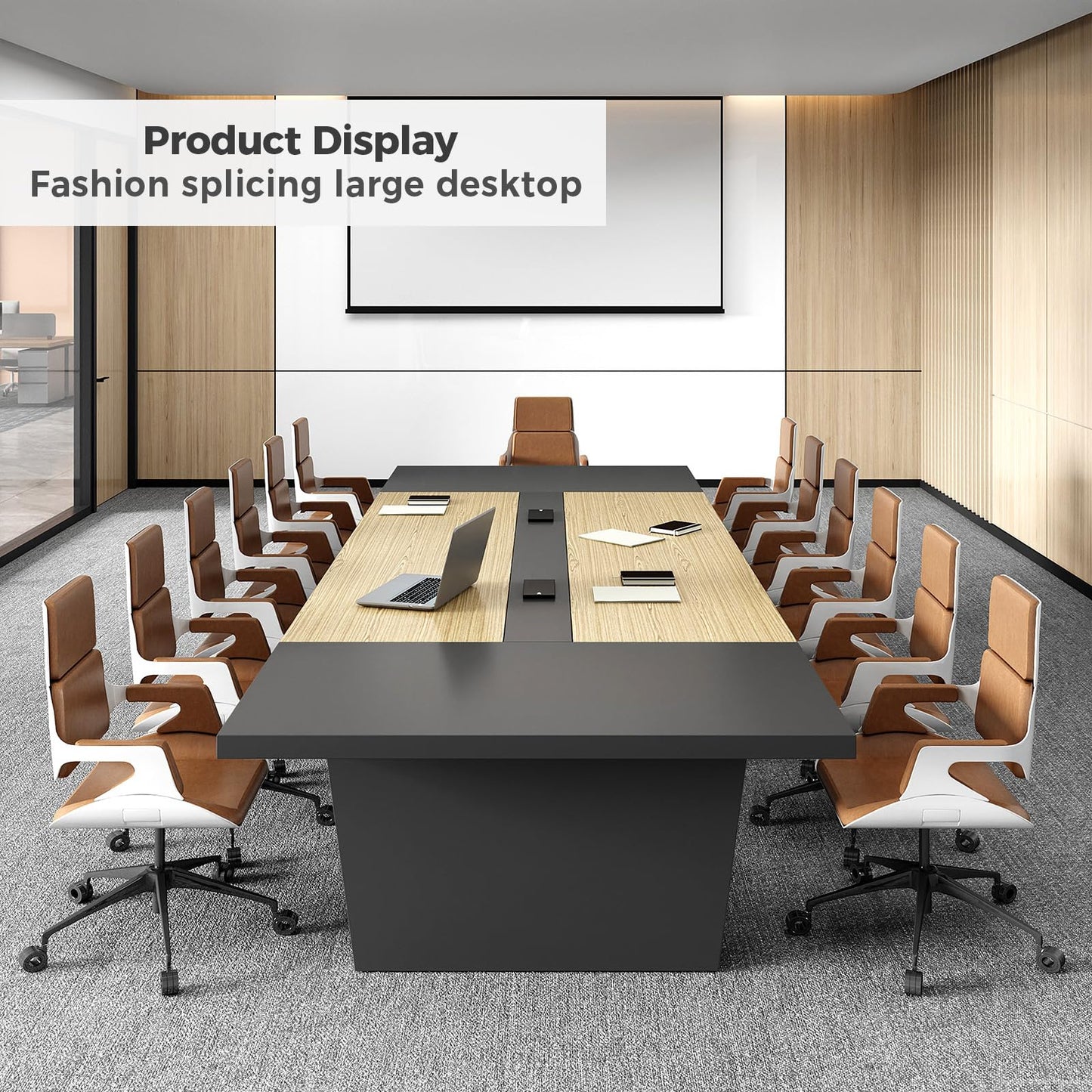 Nuipesn 95" Rectangular Conference Table, Seats 8-10, Built-in Power Outlets & USB Charging Ports, Cable Management, 2-Inch Thick Top, Oak/Grey