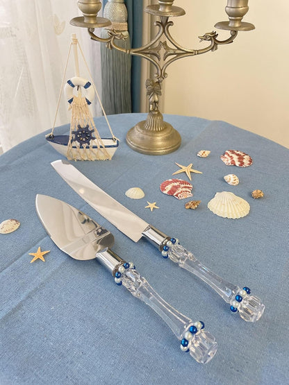 FISHBONE Stainless Steel Wedding Cake Knife and Server Set, Nautical Blue Rings Design for Special Occasions