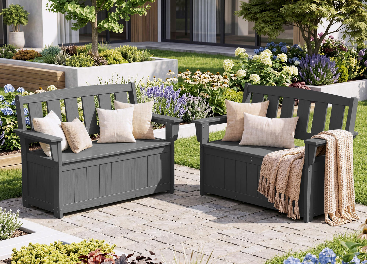 SERWALL HDPE Outdoor Storage Bench, All-Weather, UV-Resistant Deck Box with Waterproof Storage Bags, 57 Gallon Dual-Use Seat & Organizer Deck Boxes for Patio, Garden Tools & Pool (Gray)