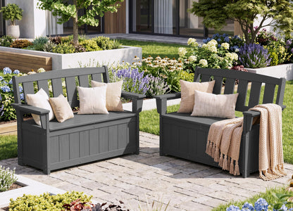 SERWALL HDPE Outdoor Storage Bench, All-Weather, UV-Resistant Deck Box with Waterproof Storage Bags, 57 Gallon Dual-Use Seat & Organizer Deck Boxes for Patio, Garden Tools & Pool (Gray)