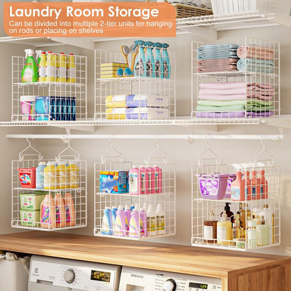 Yuyetuyo 6 Tier Raised-Height Hanging Closet Organizer, Stackable Sweater Organizer for Closet, Wire Storage Basket Bins for Clothes Purse Shoes, Hanging Shelves with 4 Hooks & 3 Dividers Adjustable