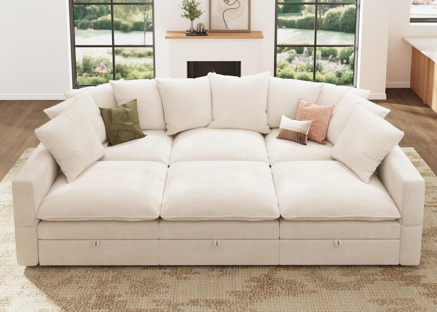 HONBAY Modular Sectional Sleeper Sofa, Corduroy 6 Seater Couch with Storage, Sectional Sleeper Couches for Living Room, Beige