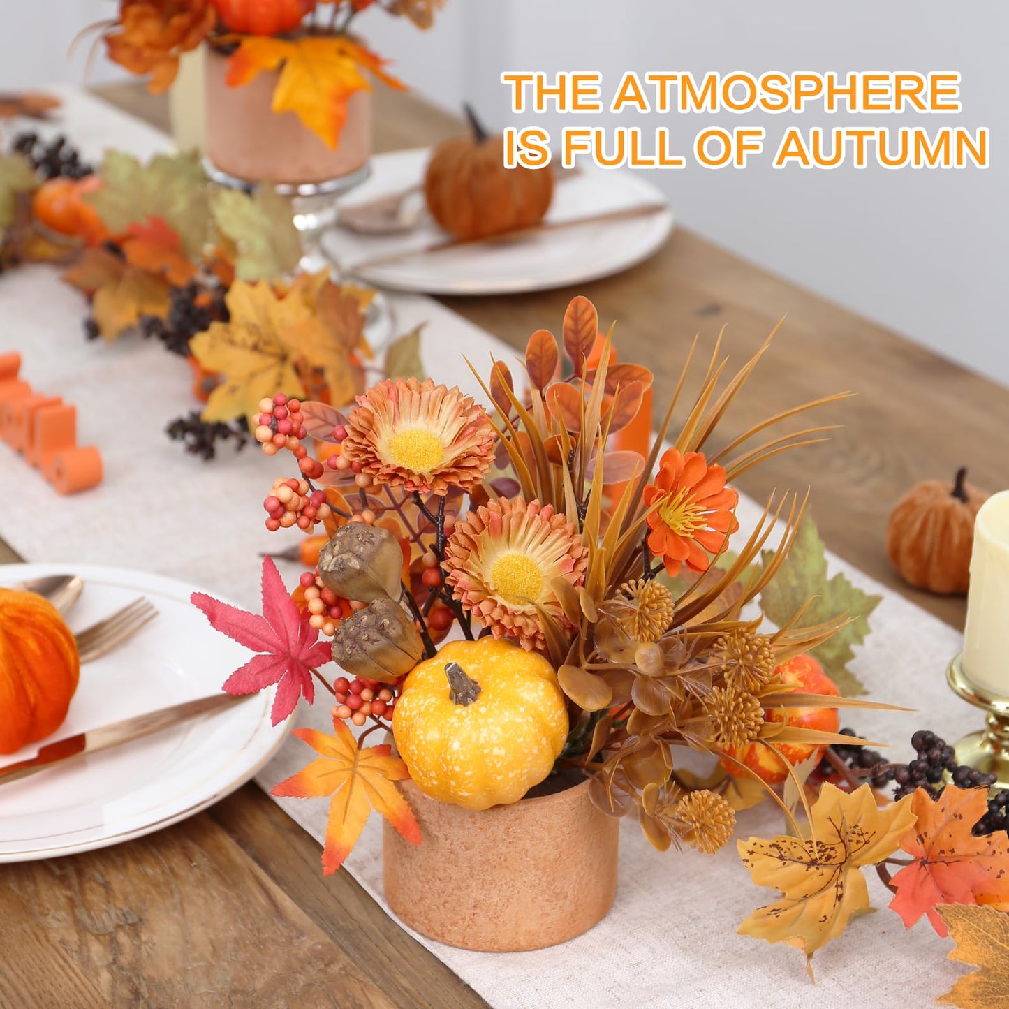 YINGQIWISH 2PCS Fall Decor, Artificial Maple Leaves Pumpkin Berry Table Decorations, for Home Autumn Harvest Halloween Thanksgiving Holiday Party Table Centerpieces Fireplace Decor.